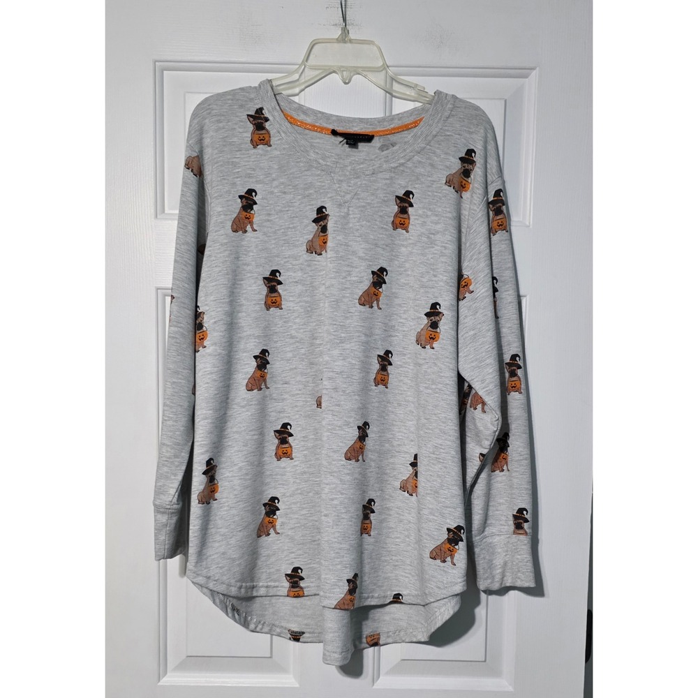 Jane + Delancey French Bulldog Halloween Sweatshirt Gray 1X Witch Hat Pumpkin